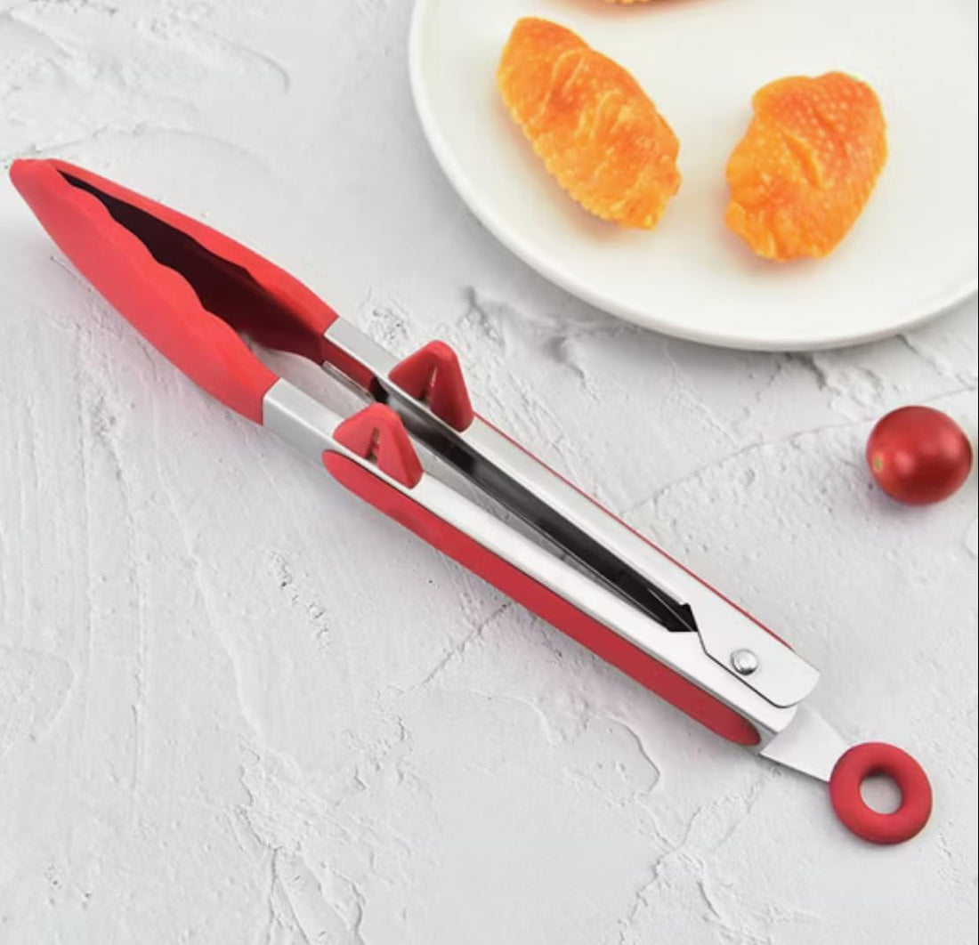 Downtown Professional Silicone BBQ Tongs with Stainless Steel Base, Red Heat-Resistant Serving Tongs for Grill and Salad, Locking Mechanism for Easy Storage and Controlled Handling