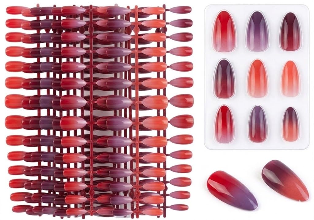magic PRESS ON gel NAILS-120 pcs Medium Long -easy prsee on- Perfect For Parties, Comes With 1 SHEET DOUBLE FACE GLUE -5COLORS - RED COLORS