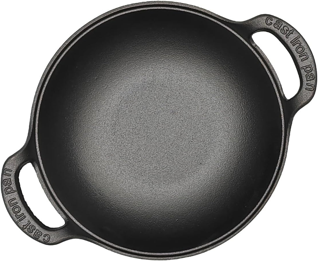 Pre-Seasoned Cast Iron Wok/Deep Frying Pan with Dual Loop Handles for Gas Stove Oven, Induction and Open Flame, Non-stick, Iron, Large, Cookware. Matte Black (25 cm)