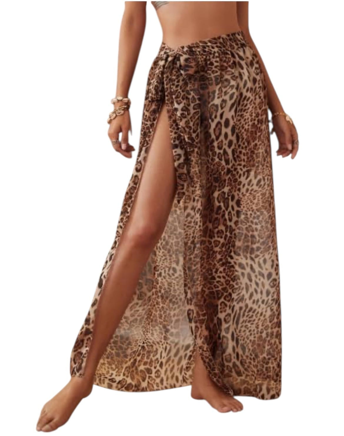 Leopard Print Beach Sarong Wrap Skirt, High Slit Maxi Cover Up, Sheer Chiffon