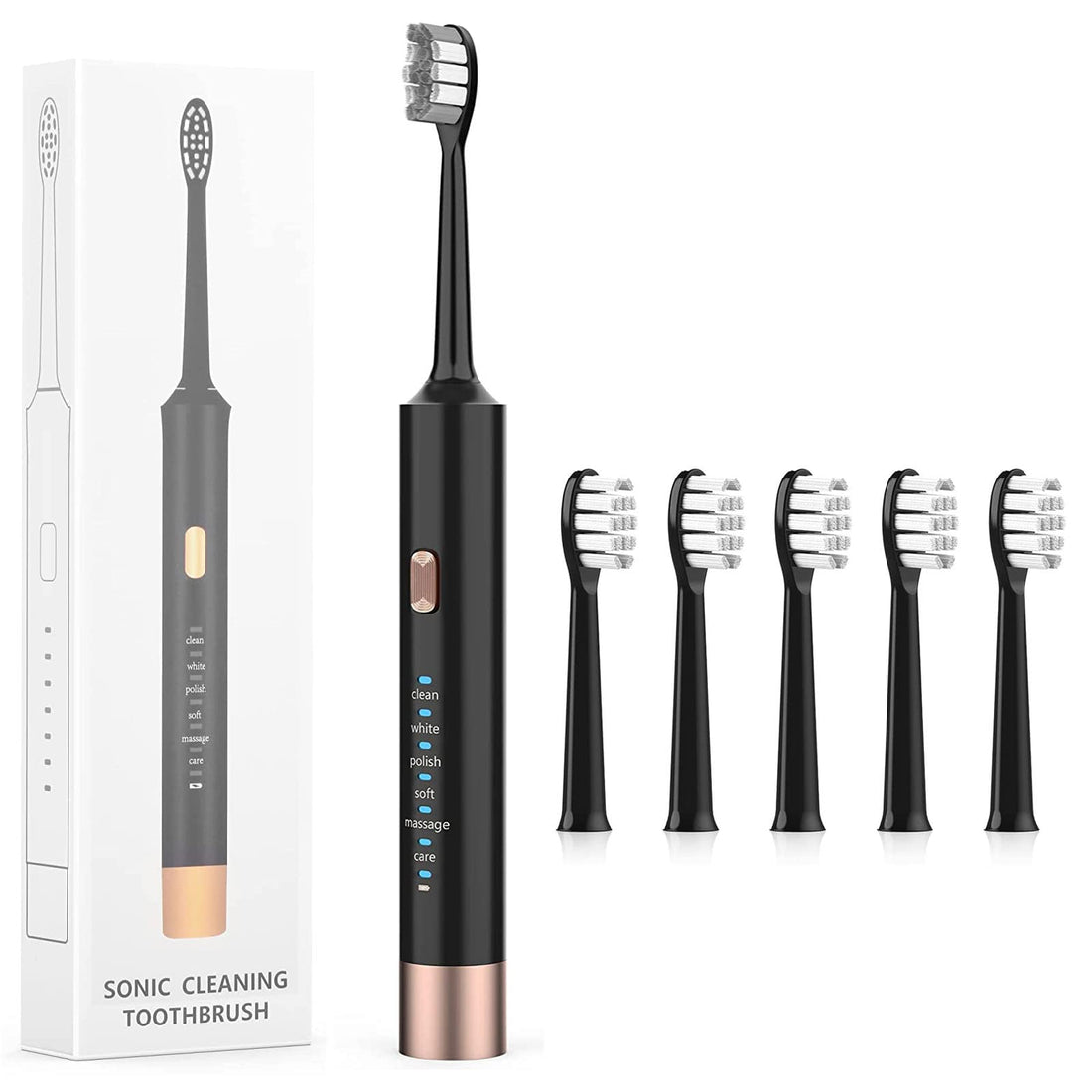 Arabest Sonic Electric Toothbrush With 5 Brush Heads, 6 Cleaning Modes, Rechargeable, Waterproof for Adults and Kids (Black)