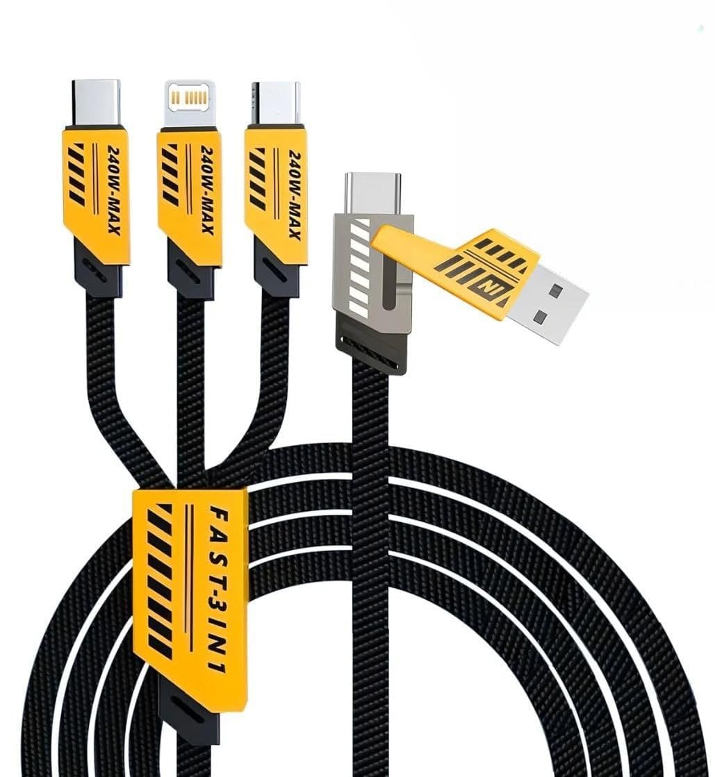 240W High-Power Fast Charging Cable 5-in-1 USB to USB-C Lightning Micro USB with Built-in Chip Ultrafast Black & Yellow Compatible With Smartphones and Laptops