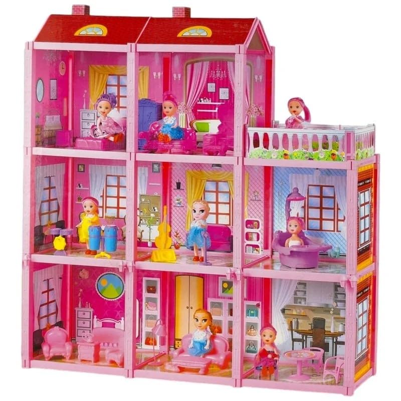 Dollhouse Playset, 3 Floors with Dolls and Furniture, 156 Pieces Pink