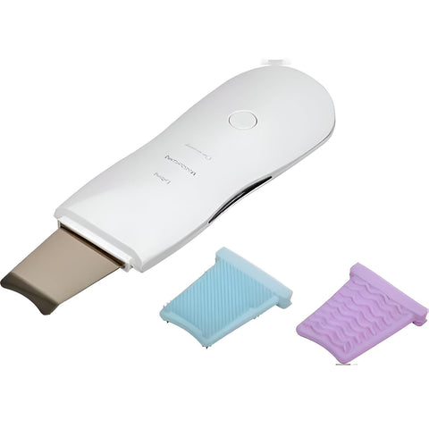 Silk Skin Tool - Gentle ultrasonic facial device designed to remove blackheads, refine pores, and exfoliate with two silicone caps for comfortable at-home care color white.