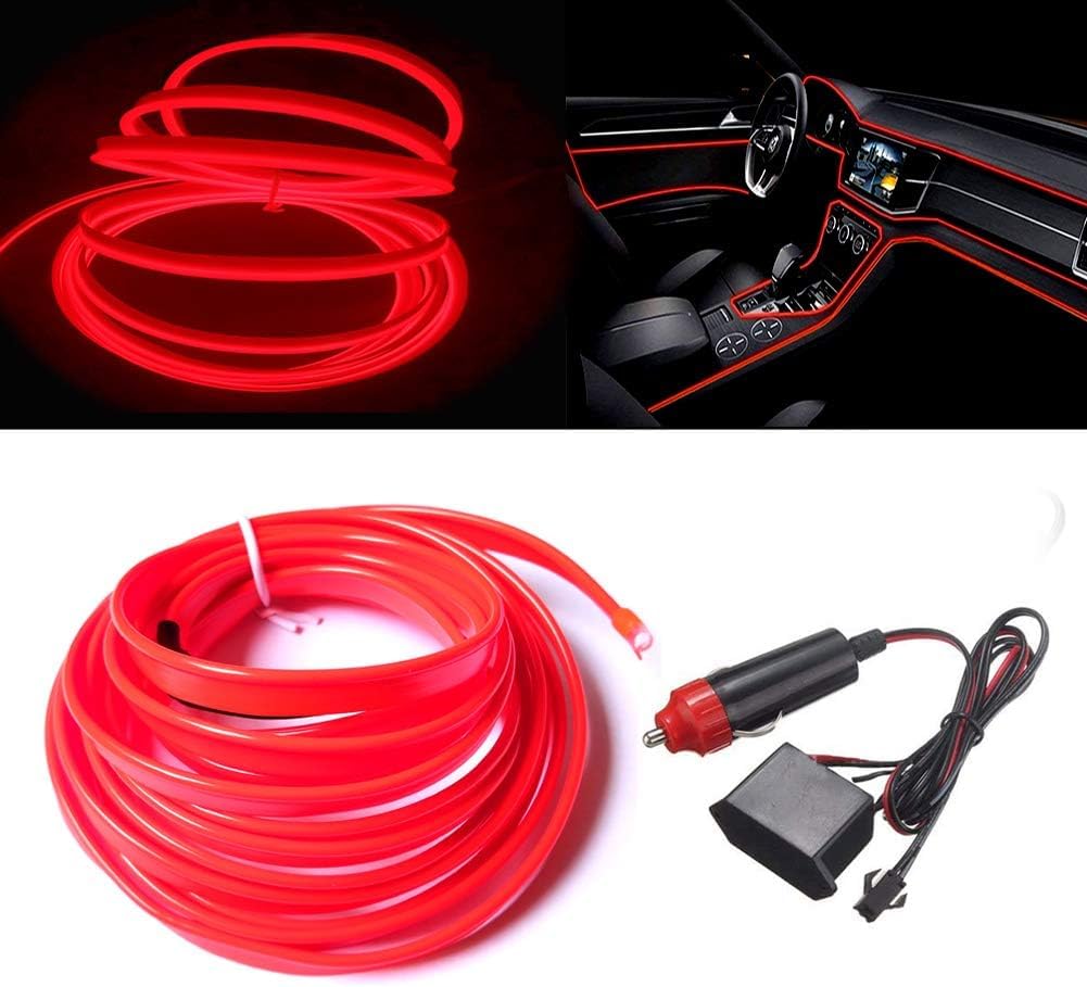 KaberTrade KaberTrade Wire Rope Interior Car Decoration Light Works on Car Lighter, LED Strip Car Dashboard Neon Lights with Edge for Car Interior Decoration - 3M - Red - KaberTrade