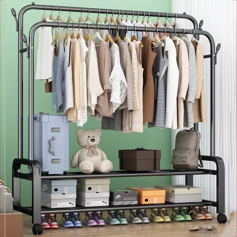 Premium Heavy Duty Double Clothes Rack with Metal Shelves for Shoes and Bags, Holds 53kg, Durable 110x54x154 cm Wardrobe Organizer for Home