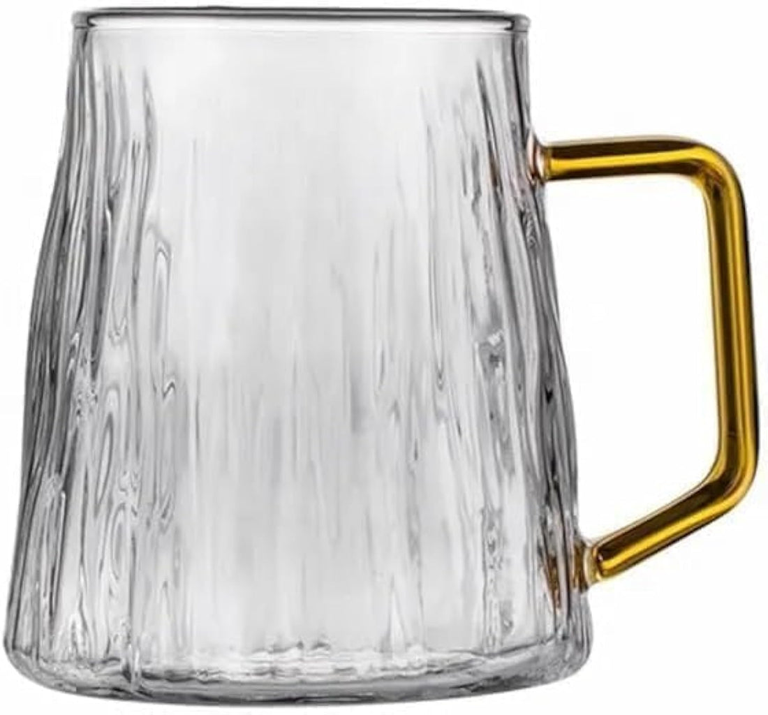 Glass Tea Coffee Mug Cold Drink Cup with Large Yellow Handle - 400ml - Conical Shape, (2)