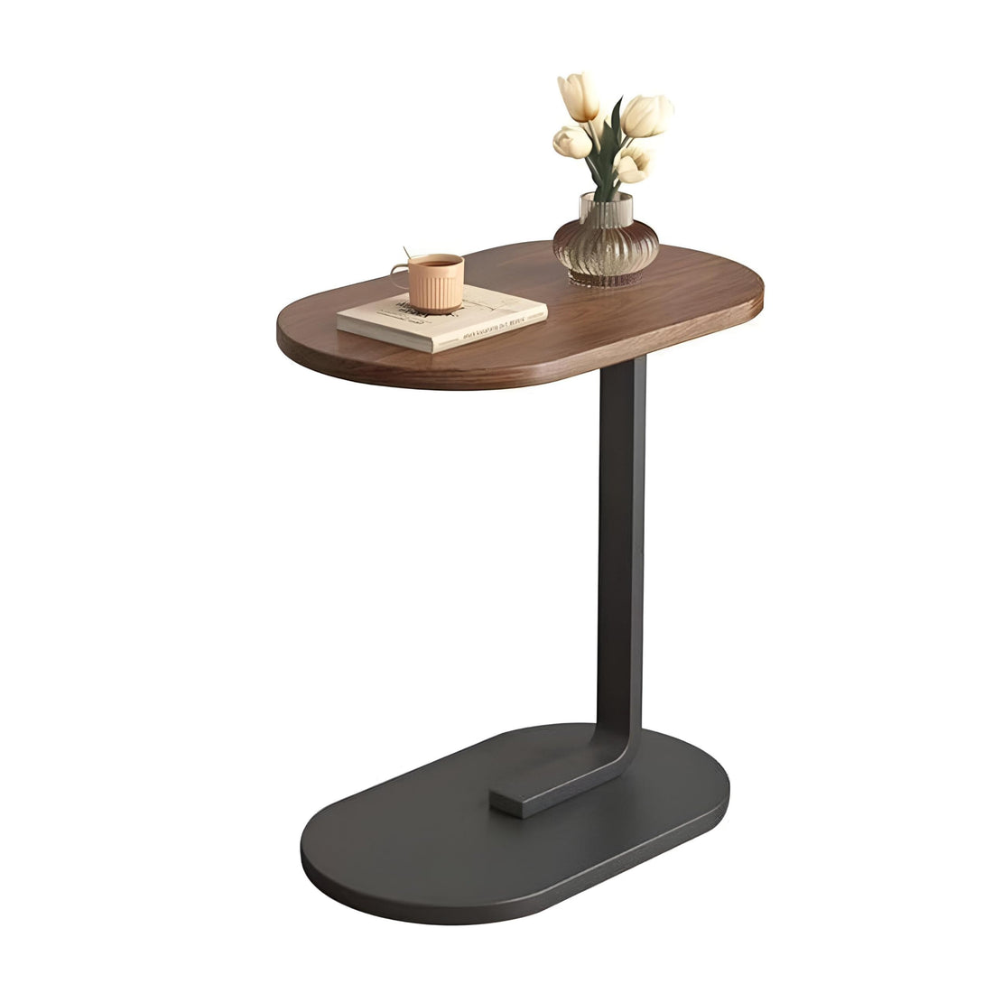 Walnut Side Table - Elegant C-shaped design with black metal base, 45x28x60cm size ideal for cozy living spaces, durable and stylish accent piece