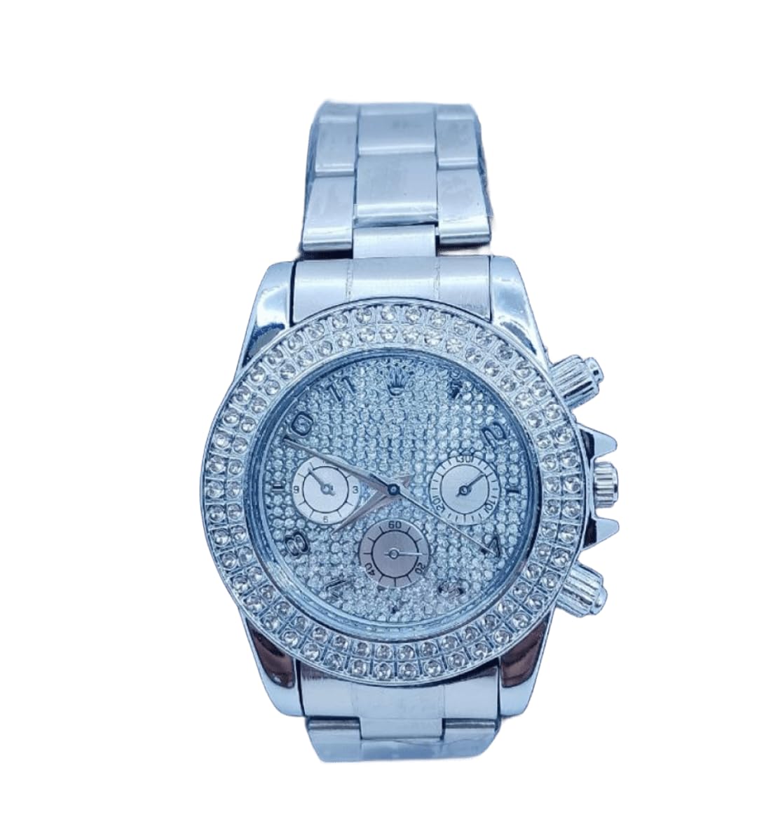Full Studded Silver Wrist Watch, Fashion Chronograph Shape, Rust Resistant