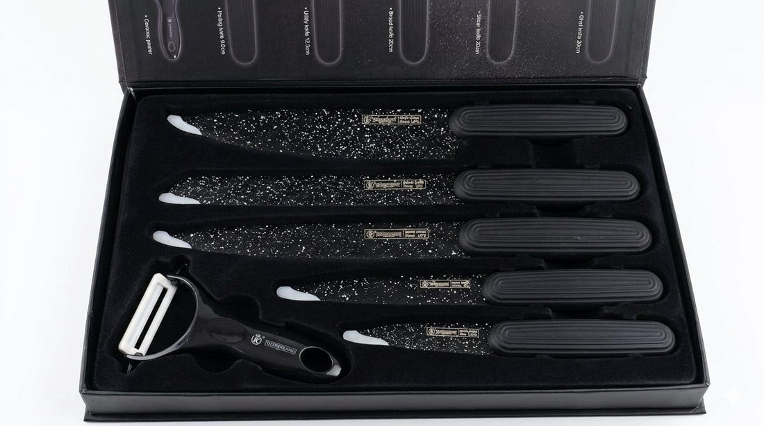 Kitchen Knives Set of 6, Rust Resistant, Non-Stick, with Peeler, for Chefs, Baking, Slicing, Peeling (Black)