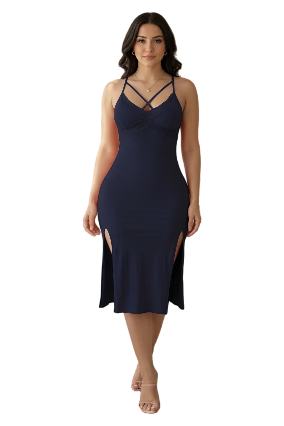 MANIKAN Women’s Midi Bodycon Dress, Lace Trim, Spaghetti Straps, Double Side Slits, Stretch Lycra, Soft & Breathable, Elegant Slim Fit Evening Party Clubwear