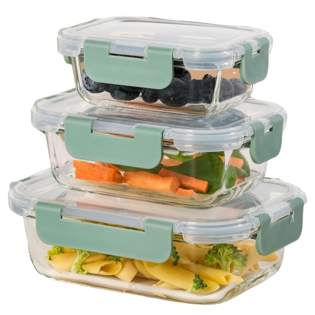 Nestasia Transparent Glass Containers with Lid Set of 3 (S-185ml, M-370ml, L-600ml) | Borosilicate Glass Containers with Break Free Lock | Microwave, Dishwasher & Freezer Safe (Green)