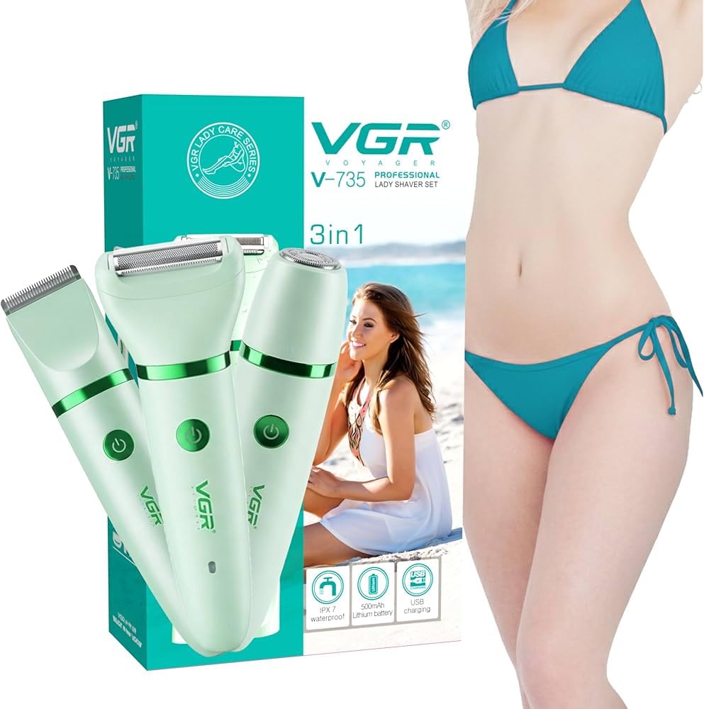 VGR V-735 Professional 3-in-1 Lady Shaver Set, IPX7 Waterproof, USB Type-C Rechargeable, for Body, Bikini and Facial Trimming (Green)