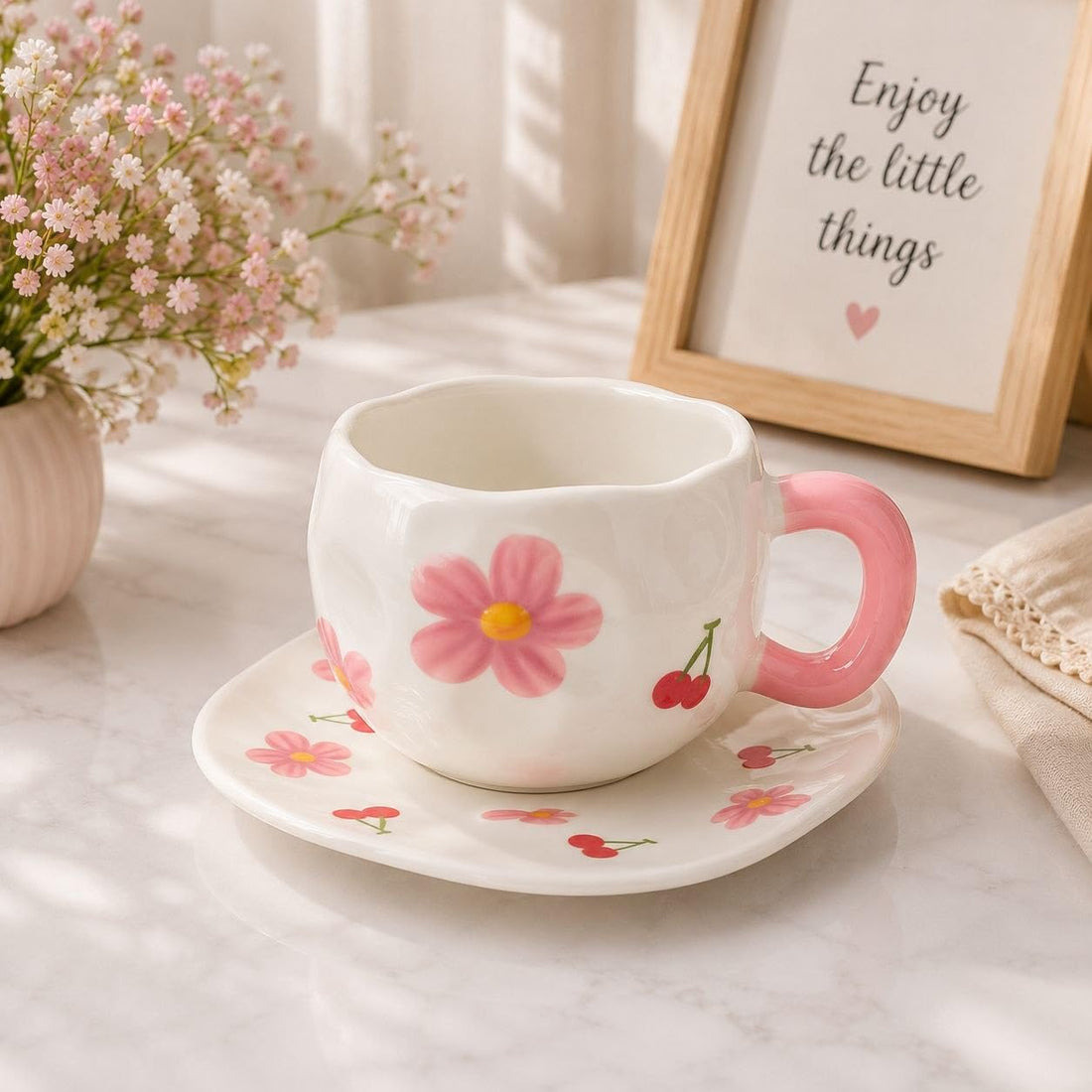 Cup and Saucer Set, White with Pink Floral and Cherry Design, for Coffee, Tea and Hot Beverages, .Ais