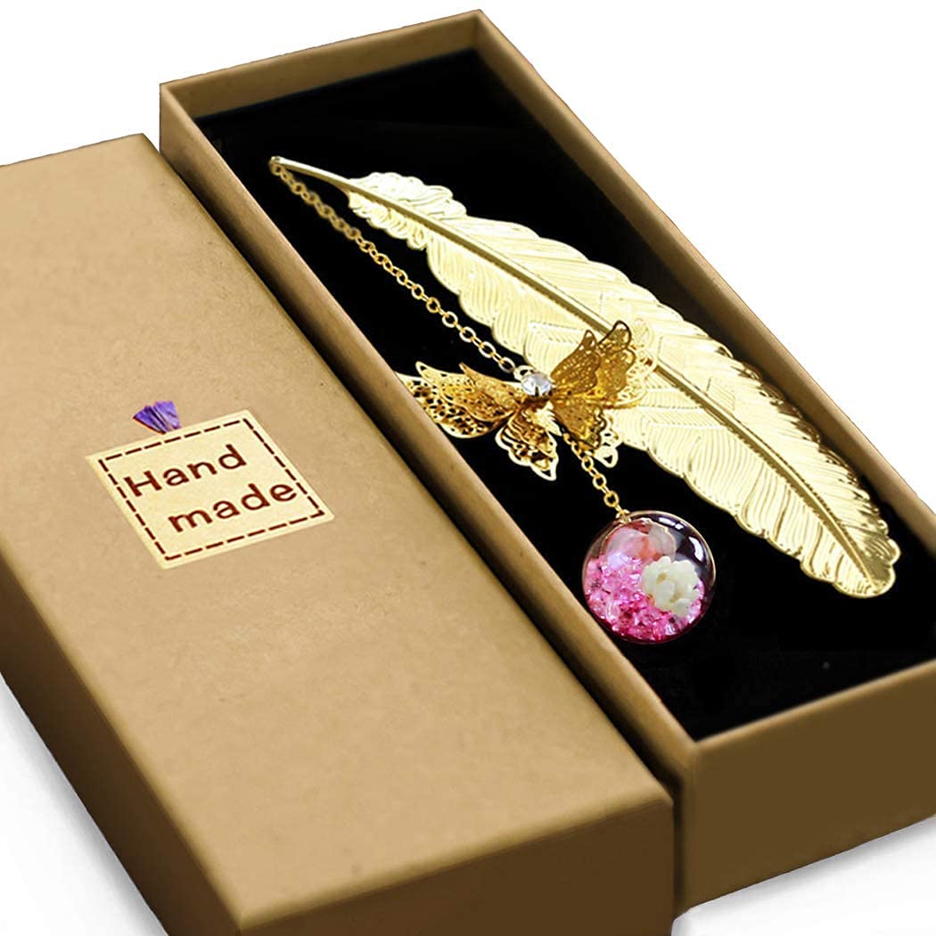 Metal Bookmark Vintage Feather Book Marks with 3D Butterfly Pendant for Adults and Kids School Home Office Supplies (Golden.pink White Flower)
