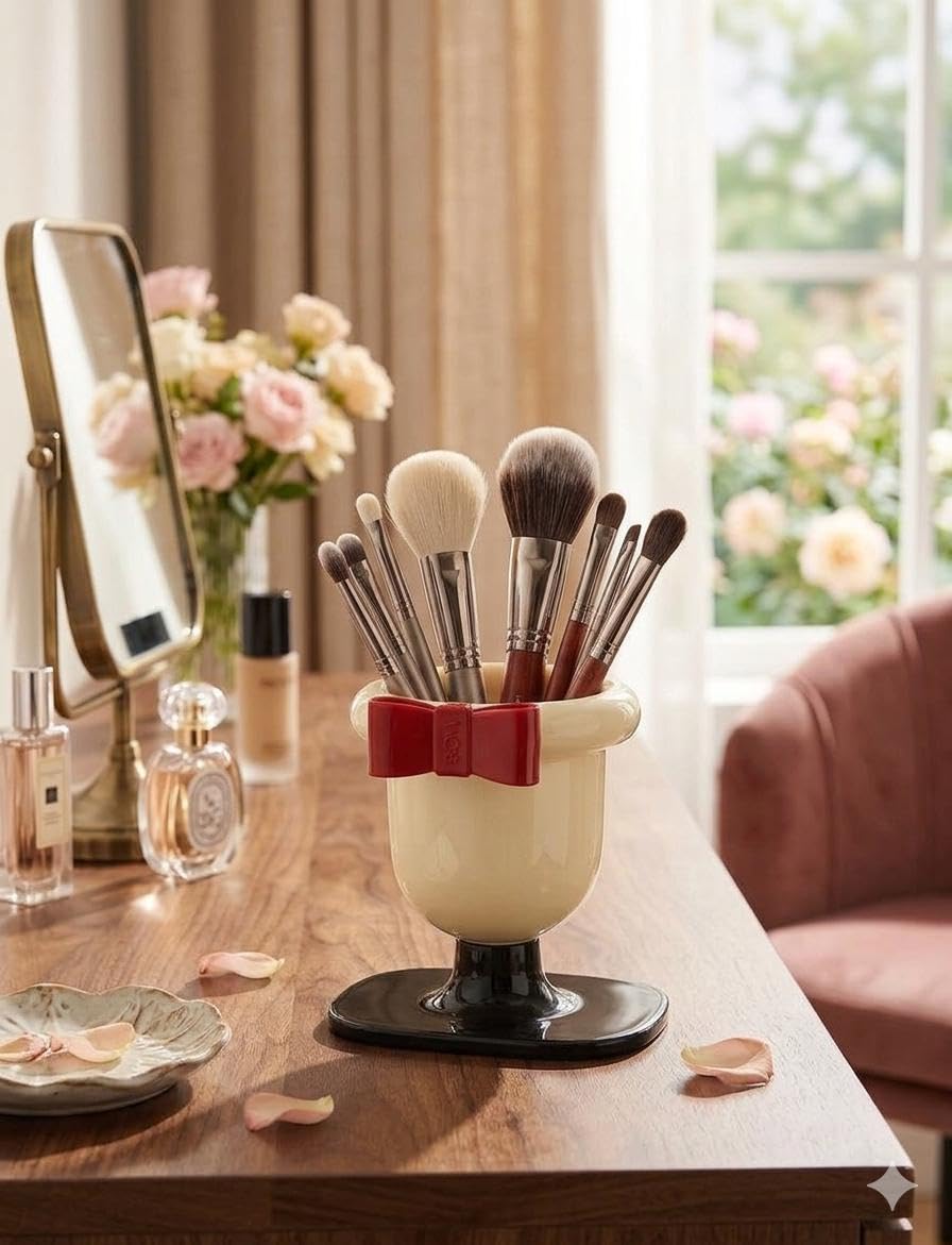 BRUSH ORGANIZER - Cute corner unit with a sturdybase and bow accent, securely holds brushes, lipstick and eyeliner pens, adds a touch of elegance to your desk, and keeps your makeup tools organized an