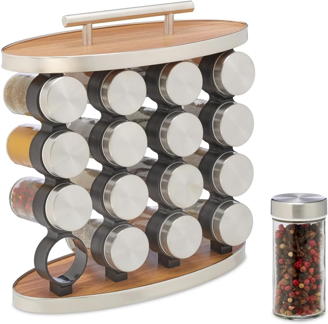 Spice Rack Set With 16 Glass Jars Stainless Steel Lids And Rotating Stand Seasoning Organizer For Kitchen Countertop Storage Herbs Condiments Cooking Tools (Round)