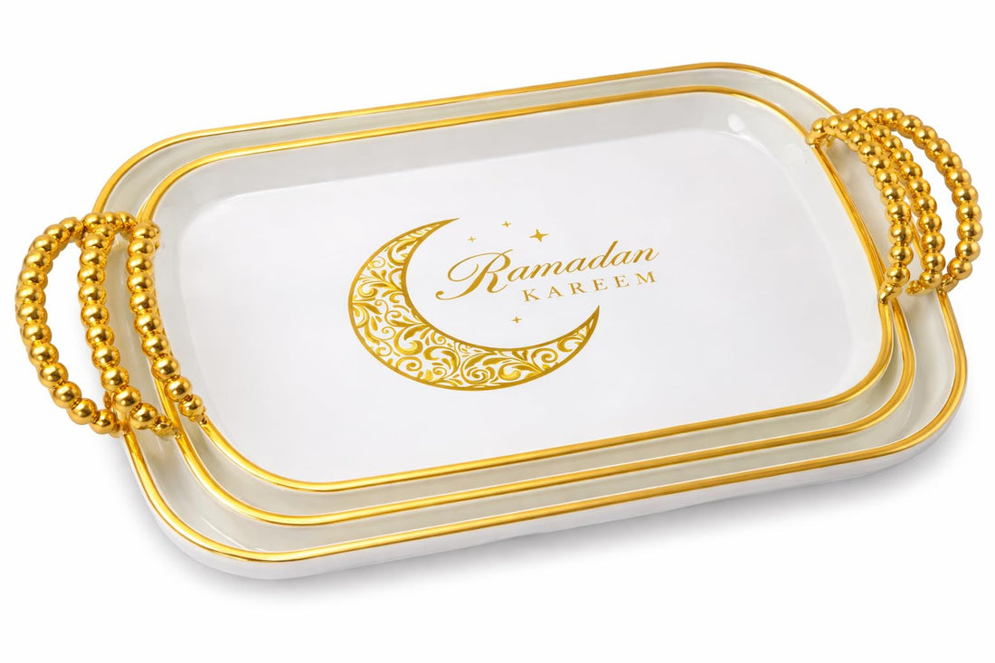 Premium Ramadan Serving Tray Set - Traditional Designs with Modern Touch (Multiple Colors and Shapes) (White 3 Pieces)