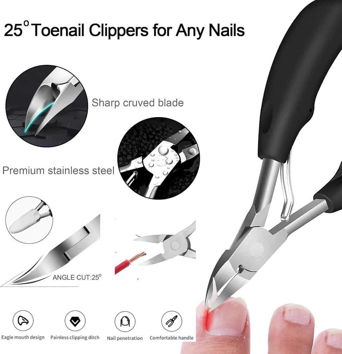 Stainless Steel Toenail Nippers for Thick Nails, Professional Nail Clippers, Manicure Tools for Ingrown Nails-BLACK