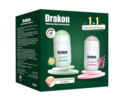 Drakon Whitening Roll-On Deodorant 5in1 Pink Bubble + Passion Peak Scent, 48h Protection For Sensitive Skin Aluminum Chloride & Alcohol Free,(1+1) Promopack - 50 ml+50ml