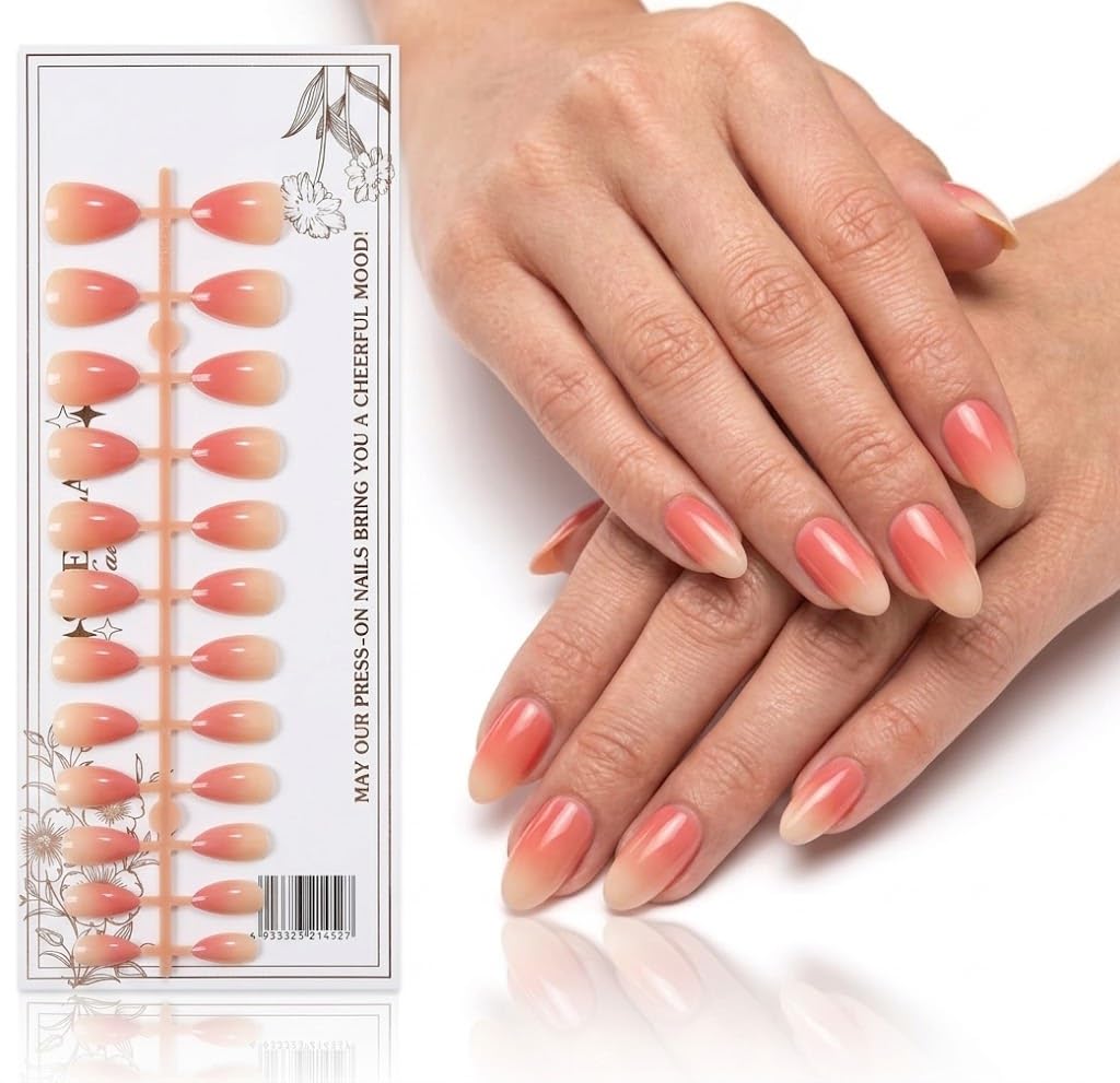 24pcs SHORT Size Finished Design With UV Gel Press On Nails Coffin OVAL Shiny False Nails Full Cover Artificial Fake Nail Art Tips- Comes With 1 SHEET DOUBLE FACE (1A)