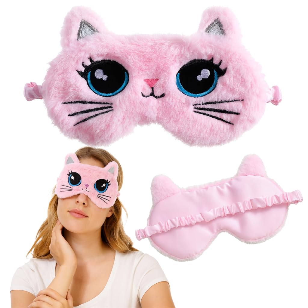 AmazingEGP | Cartoon Cat Sleep Mask, Soft Cotton-Polyester Blend, 18.5 cm x 8.5 cm, Adjustable Strap, Light Blocking (PINK)