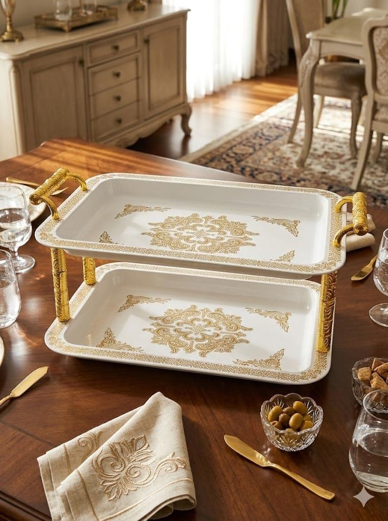 Serving Tray Gold 2 Tier Rectangle 42x32cm Height 16cm for Desserts and Appetizers Premium Design