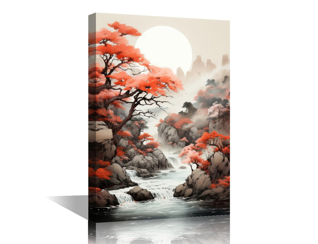 TISHIRON Landscape Painting Canvas Wall Art for Living Room Forest Modern Home Decor Autumn HD Printed Posters Artwork for Bedroom Office Wall Painting Creek Bathroom Pictures Ready to Hang, 24x16in