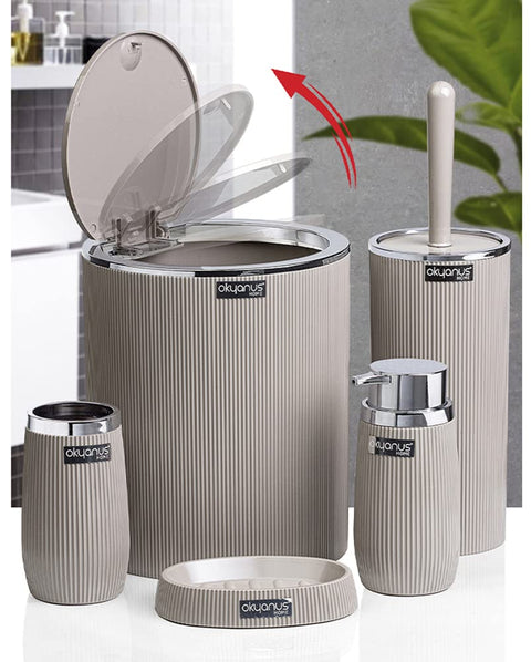 Okyanus 5-Piece Bathroom Set – Round Striped (Silver) Brown, 36GCL-OKY-478-1-K