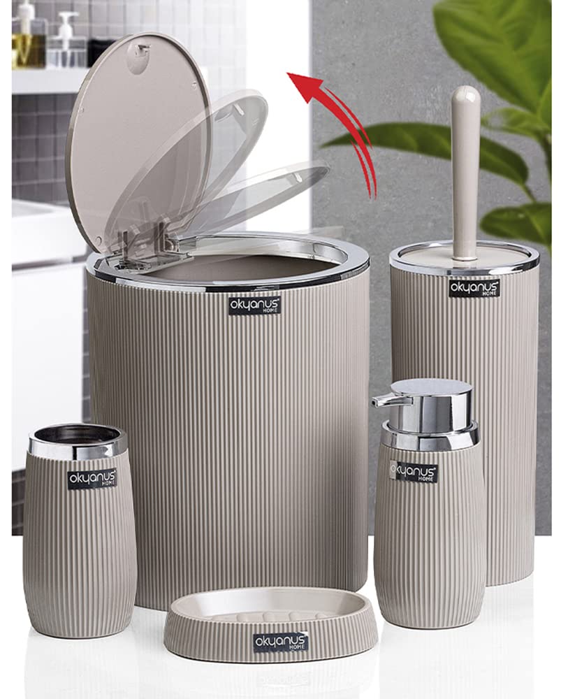 Okyanus 5-Piece Bathroom Set – Round Striped (Silver) Brown, 36GCL-OKY-478-1-K