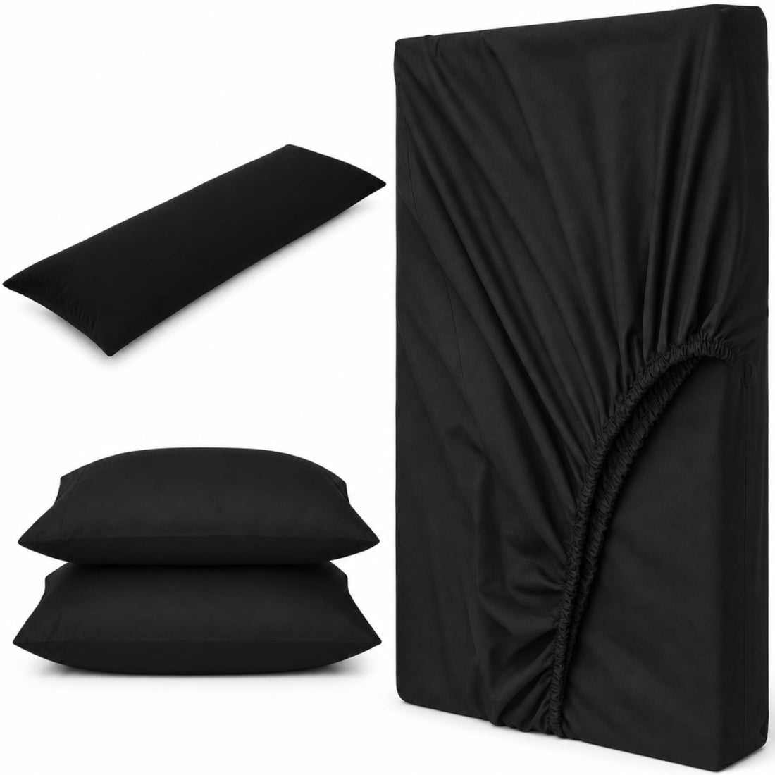 Ultra Soft 4-Piece Bed Sheets Set — Deep Pocket Fitted Sheet -2 Pillowcases & Large Pillowcase - Deep Pocket with 360° Elastic Band, | All-Around Stretch Fit, Easy-Care Fabric (Black, 160 CM, 4)