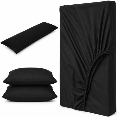 Ultra Soft 4-Piece Bed Sheets Set — Deep Pocket Fitted Sheet -2 Pillowcases & Large Pillowcase - Deep Pocket with 360° Elastic Band, | All-Around Stretch Fit, Easy-Care Fabric (Black, 160 CM, 4)