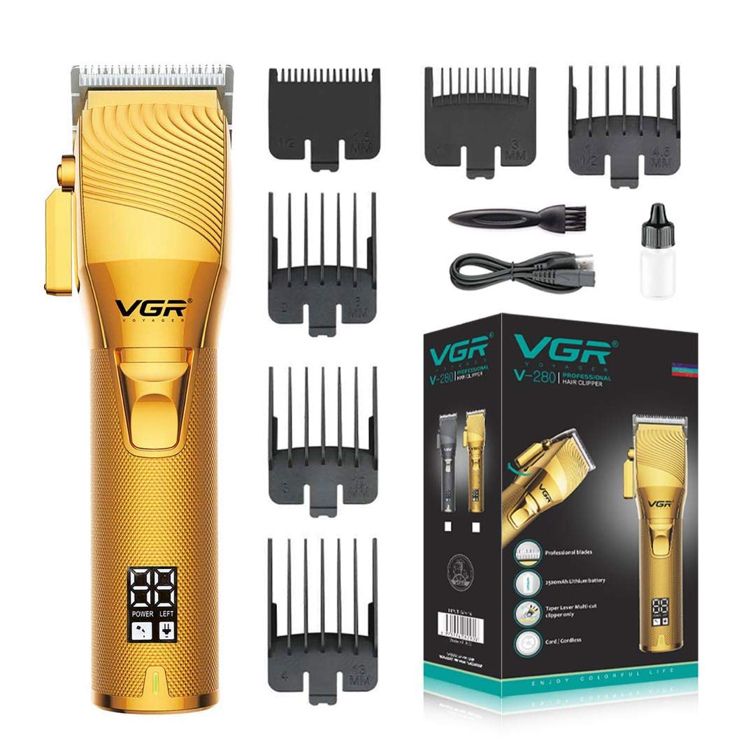 VGR V-280 Digital Display Professional Taper Lever Cordless Hair Clippers Cutter Rechargeable Wireless Hair Grooming Trimmers Set, Rechargeable Li-ion Battery 2500mAh 300 minutes Runtime (Gold)