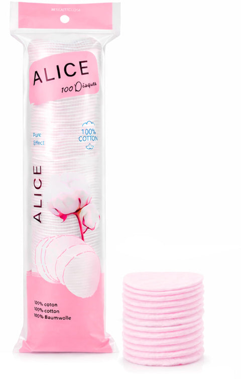 Alice - Makeup Remover Cotton Pads, Soft & Durable For Daily Clean, Set Of 100 Pieces, 100% Pure Natural Cotton (Pink)