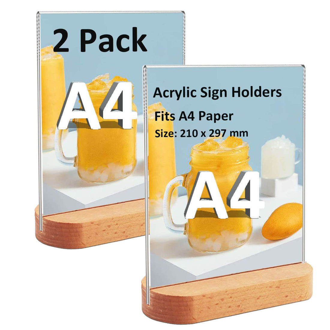 BEST MEDIA 2-Pack A4 Double Sided Acrylic Sign Holder with a Wood Base, a T-Shaped Menu Holder for Tables or Countertop display- A4 Size - Modern - 2-Pack - Transparent