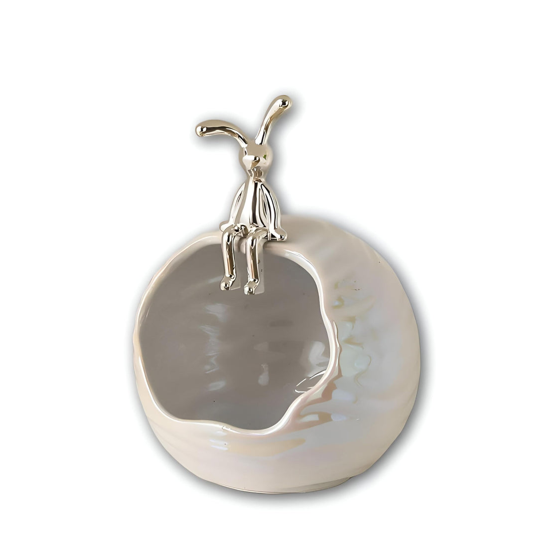Crystal Jewelry Case - A pristine white spherical box crowned by a silver rabbit sculpture, designed to hold delicate jewelry and trinkets while adding refined elegance to your space.