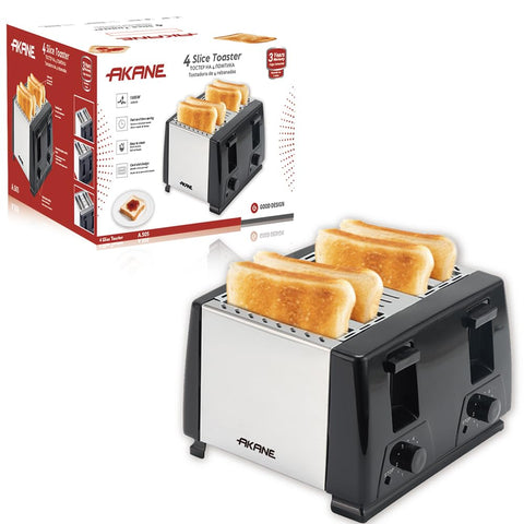 AKANE A.505 1300W 4-Slice Toaster, Stainless Steel Tostadora de 4 Rebanadas, Wide Slot Bread Toaster, Adjustable Browning Control, Compact & Easy-to-Clean Design for Home Kitchen Use