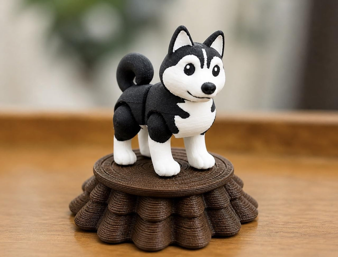 Downtown 3D Printed Articulated Husky Desktop Decoration, Eco PLA Figure with Tree Stump Base for Desk and Shelf Decor