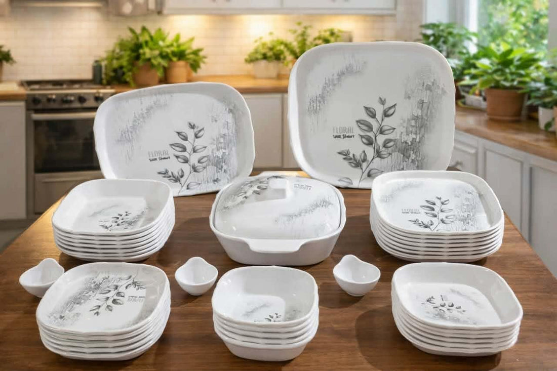 Melamine Square Dinner Set 42 Pieces, White with Feather Pattern, Suitable for Daily Use, Microwave and Dishwasher Safe (Plaid)