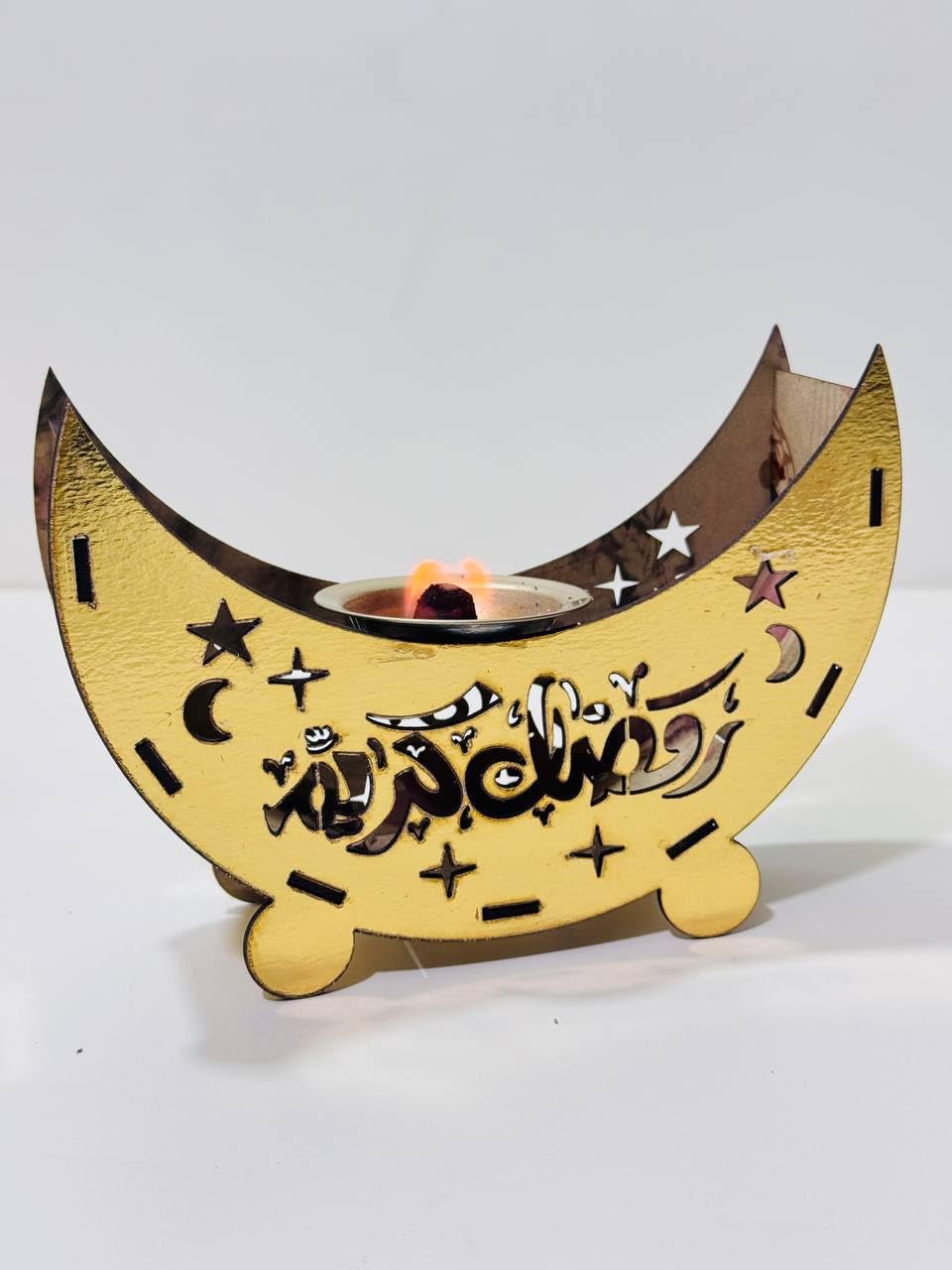 Wooden Ramadan Moon- Incense Burner- Gold, Arabic Calligraphy- Islamic Decor- Crescent Shape with Stars