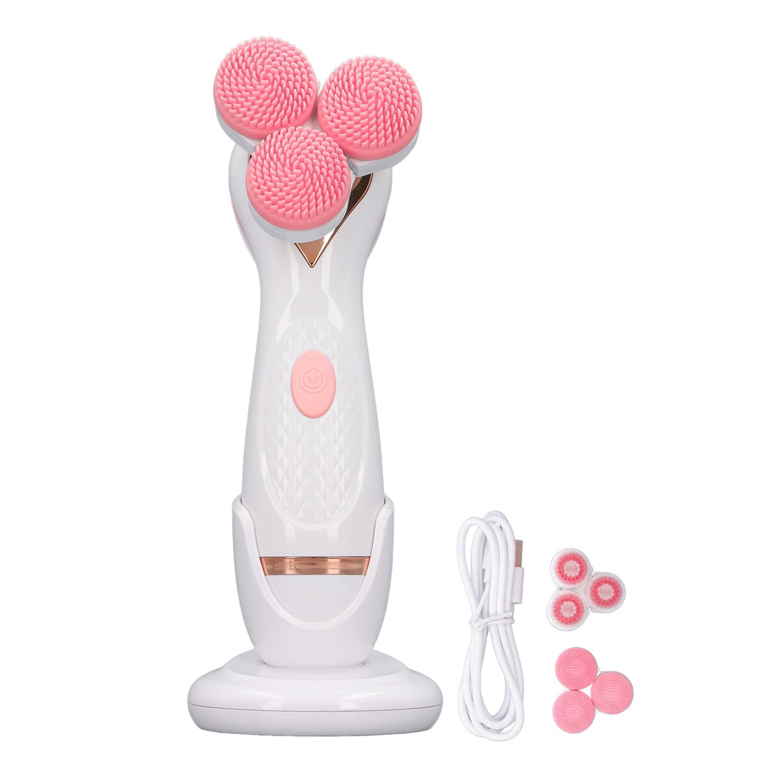 Electric Facial Cleansing Brush with 3 Heads Massage, Portable Rechargeable Silicone Facial Scrubber Device Facial Exfoliator (PINK)