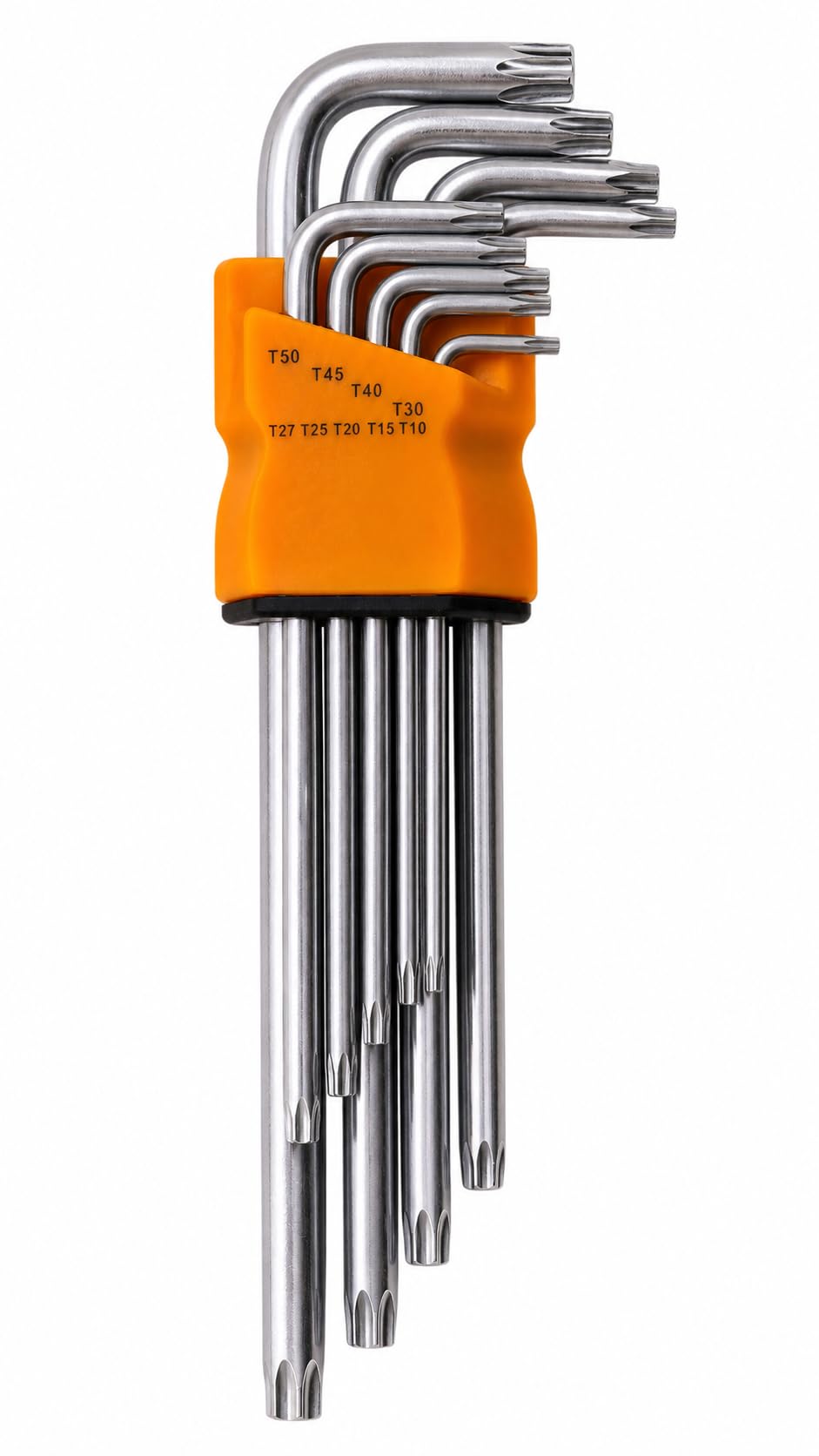 Allen Key Long Torx Star Key Set, 9 Pieces, Chrome Vanadium Steel, Sizes T10 to T50, with Plastic Holder
