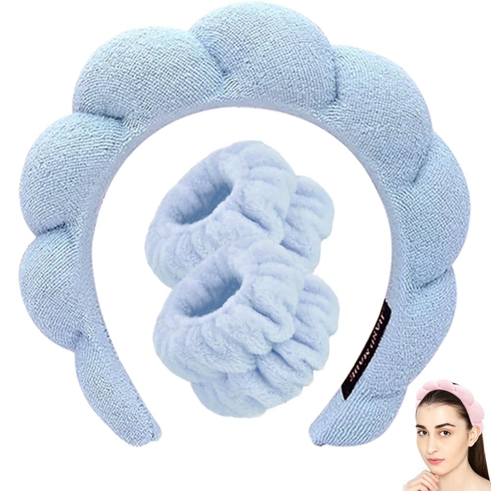 Spa Headband for Washing Face with Wristbands Set, 3 Pack Skincare Headbands Makeup Headband for Women (Blue)