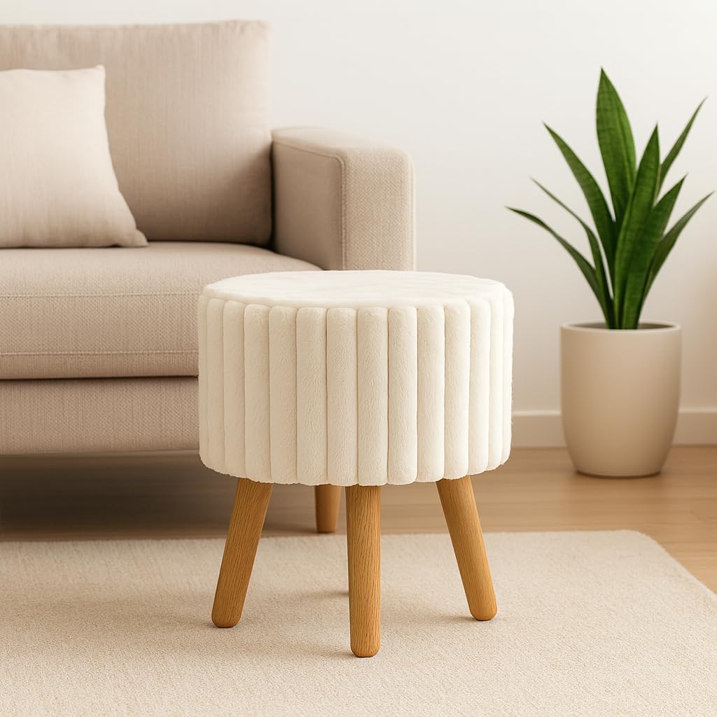 ZohnyHome Pouf Chair,Poof with White Faux Fur Stool with Wooden Legs, Luxury Pouf Chair, Bedroom furniture