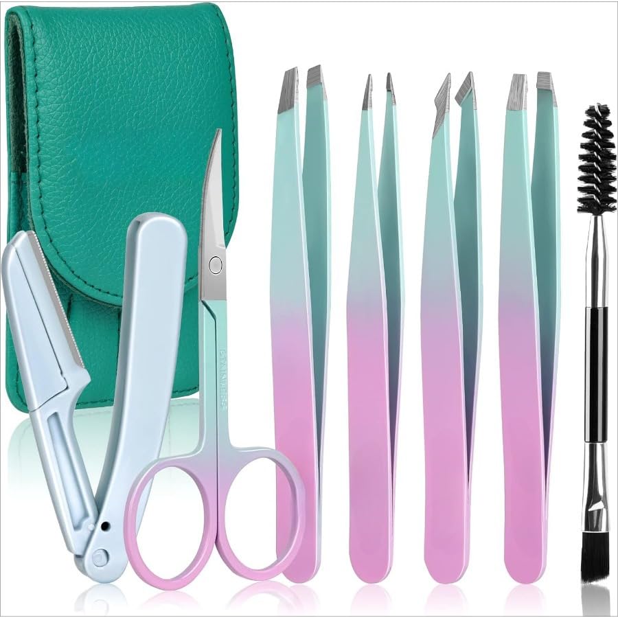 fashion mania 7 Pcs Tweezers Set for Eyebrow, Stocking Stuffers for Teen Girls Women Adults, Tweezers Kit for Women Facial Hair with Scissor & Brush