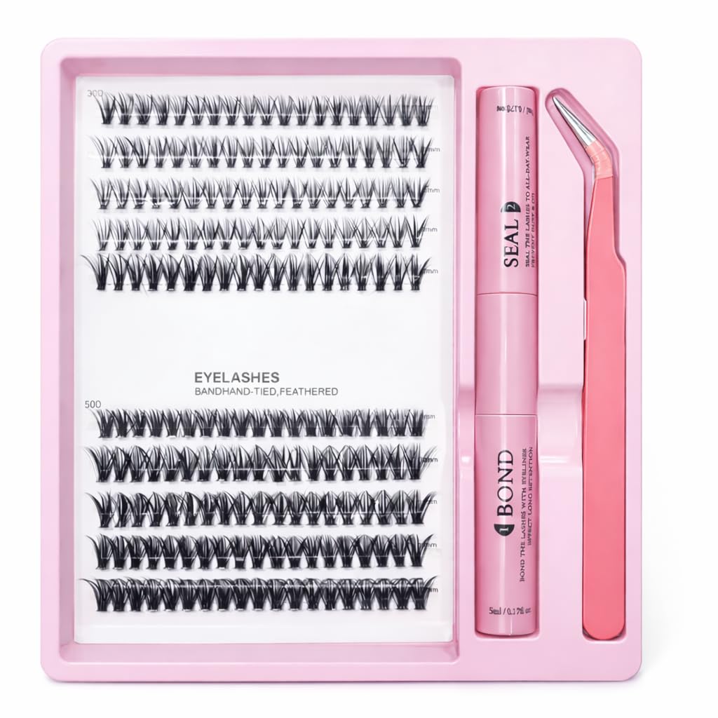 Cluster Eyelash Extensions Kit with Bond and Seal & Tweezers, 30D and 50D Mixed Density Lash Clusters, 9/10/11/12MM Lengths, Soft Lightweight Wispy Lashes for DIY Lash Extension at Home