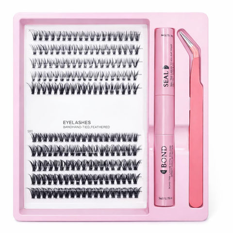 Cluster Eyelash Extensions Kit with Bond and Seal & Tweezers, 30D and 50D Mixed Density Lash Clusters, 9/10/11/12MM Lengths, Soft Lightweight Wispy Lashes for DIY Lash Extension at Home