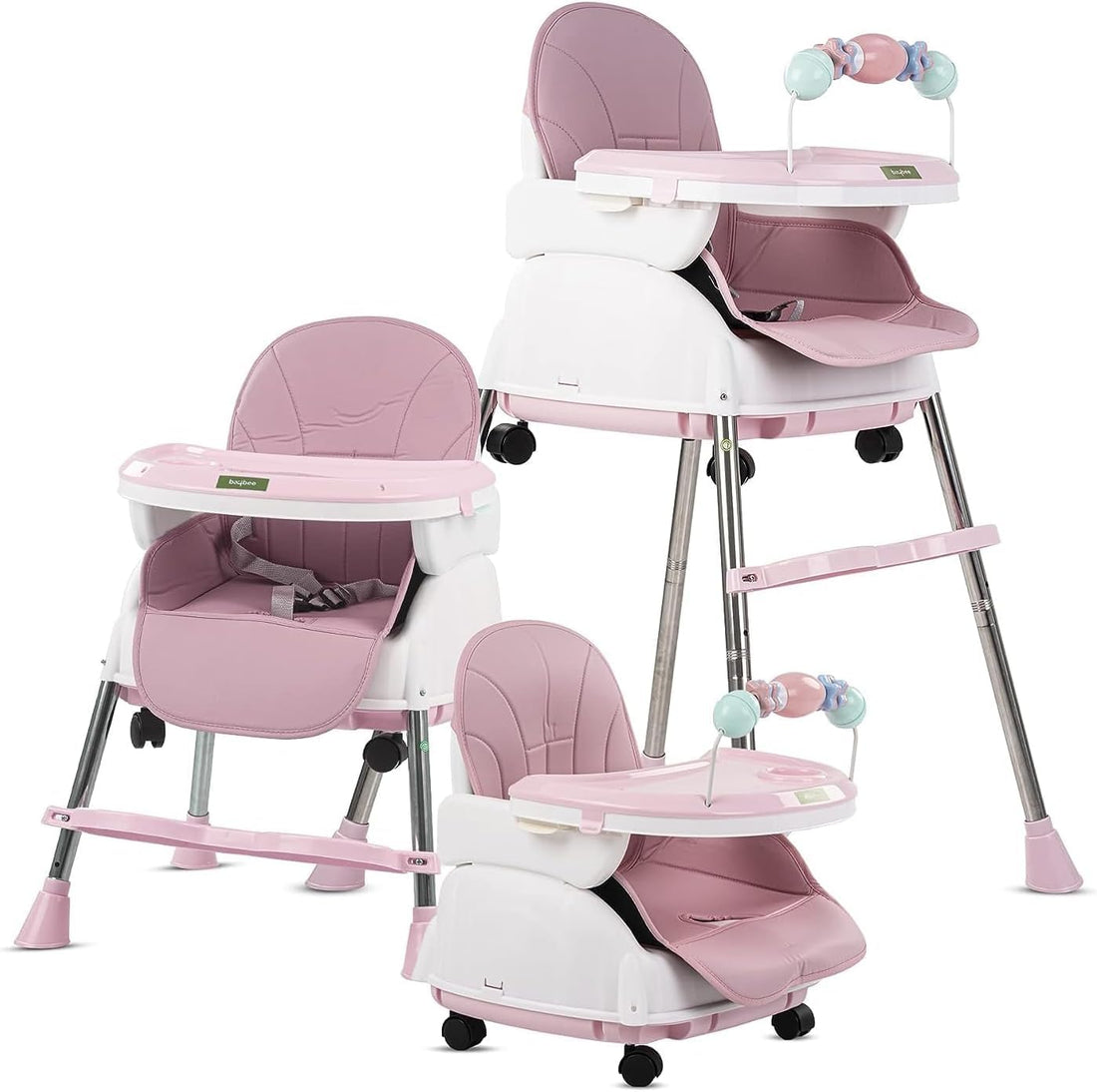 Baybee 4 In 1 Nora Convertible High Chair For Kids With Adjustable Height And Footrest, Baby Toddler Feeding Booster Seat With Tray, Wheels, Safety Belt And Cushion For 6 Months To 4 Years (Pink)