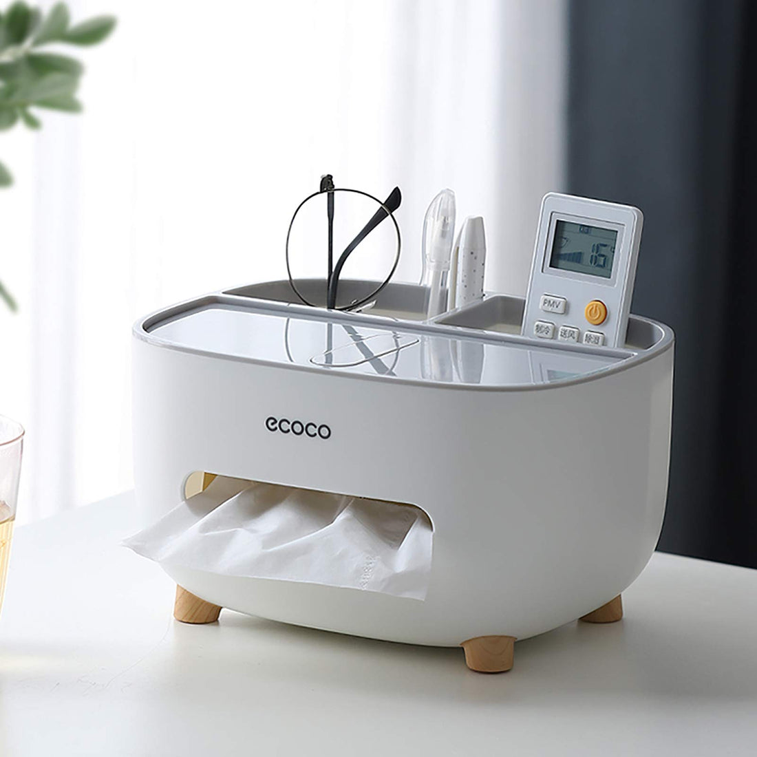 tissue box cover holder with storage, napkin tissue box, multi-function tissue box abs material storage organizer caddy for bathroom, bedroom and office, grey white
