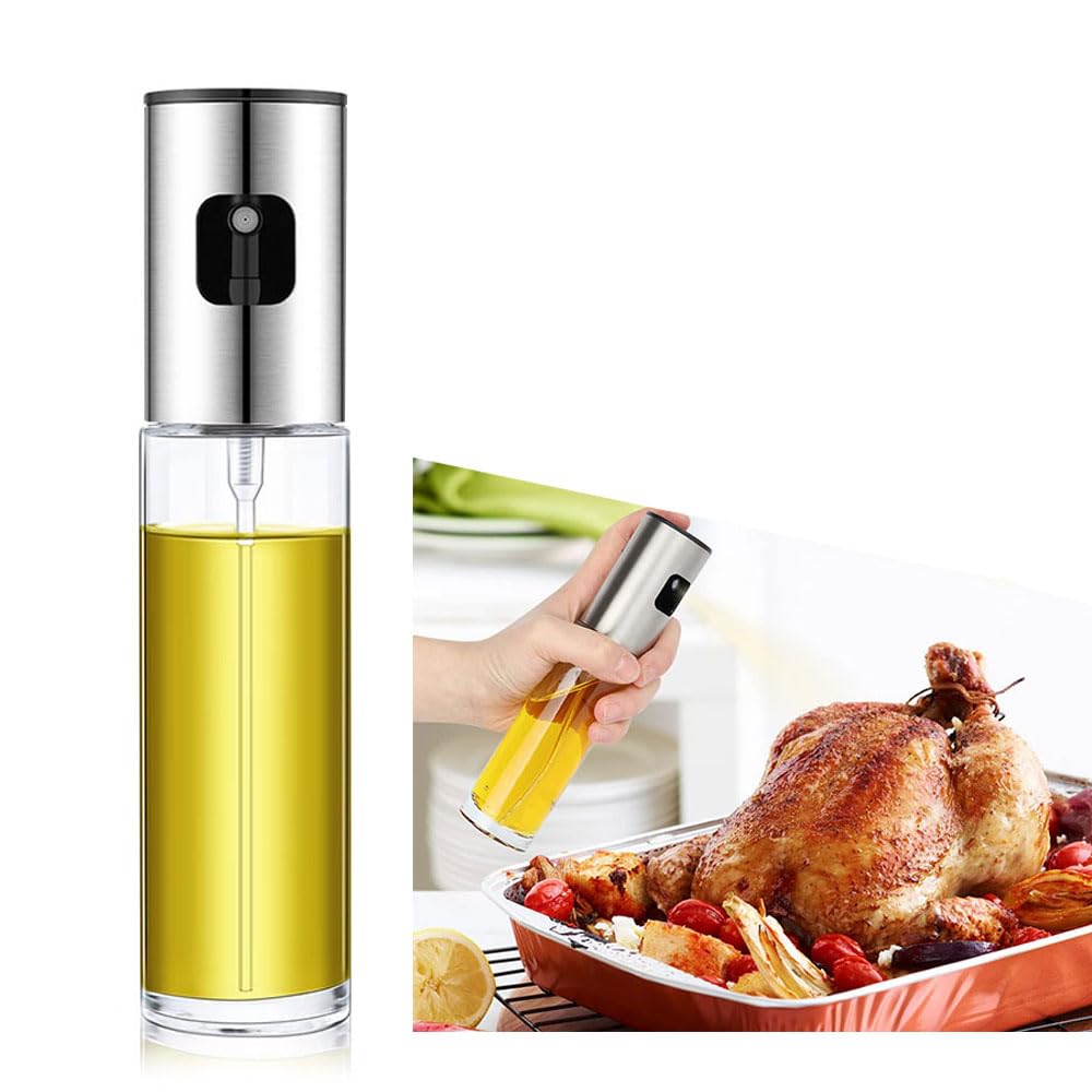 Olive Oil Sprayer, 100ml Glass Spray Bottle, Stainless Steel, Transparent, Reusable, BPA Free, Raised Nozzle, Perfect for Cooking, Baking, Salad, BBQ